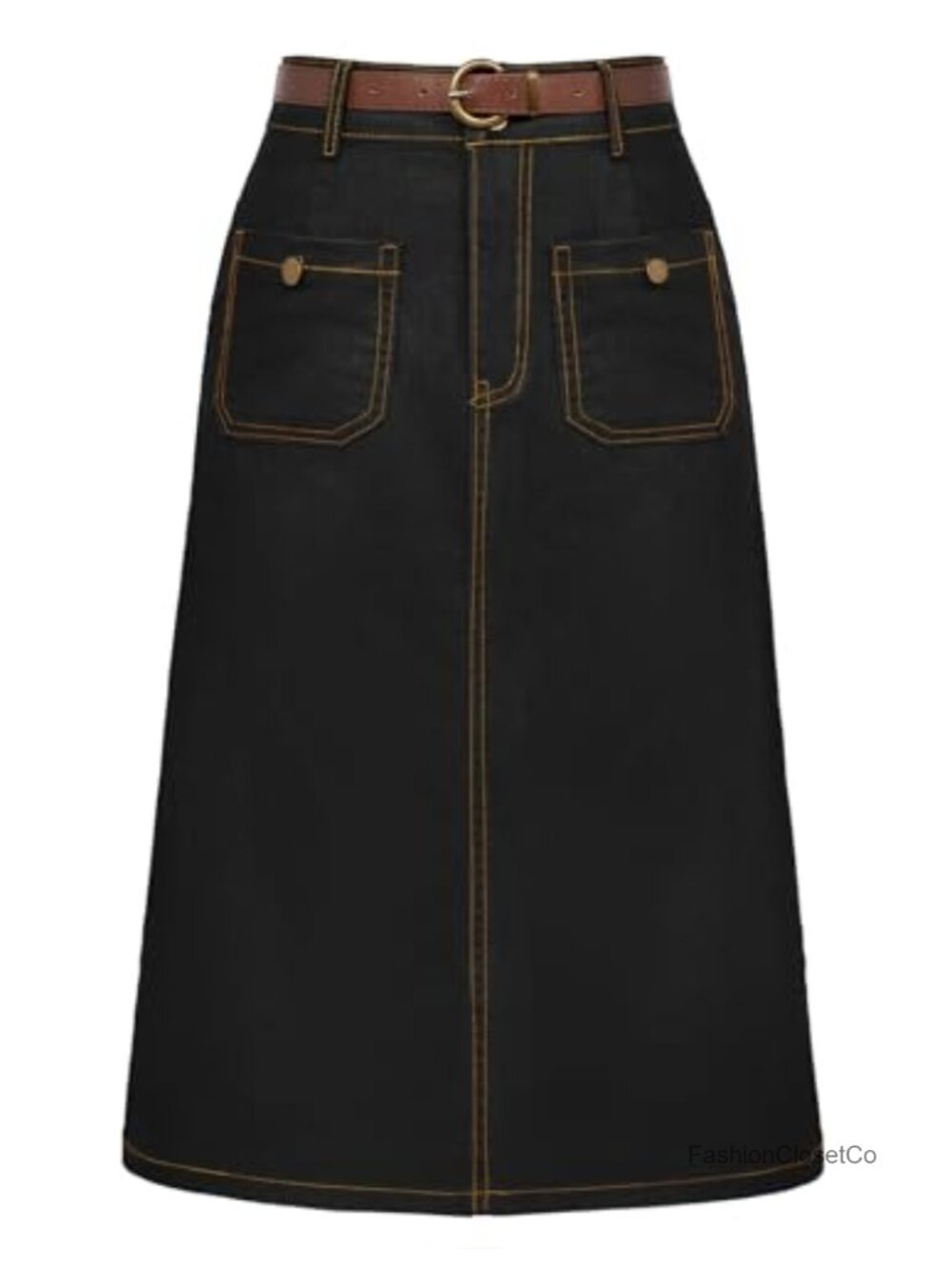 Belle Poque High Waisted Denim Skirt with Belt Knee Length